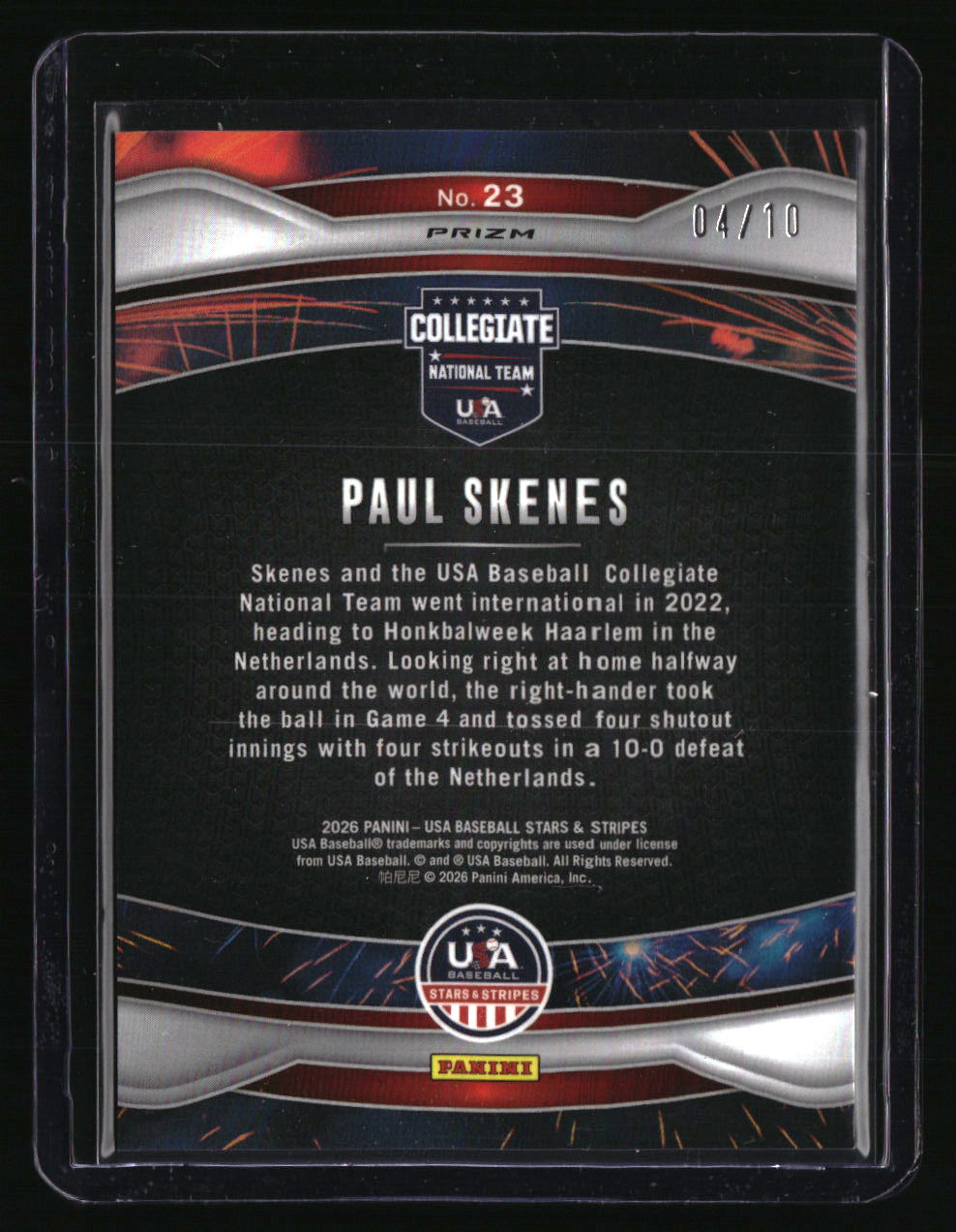 2026 Panini Stars & Stripes Prizm USA Baseball Paul Skenes Fireworks Gold #/10