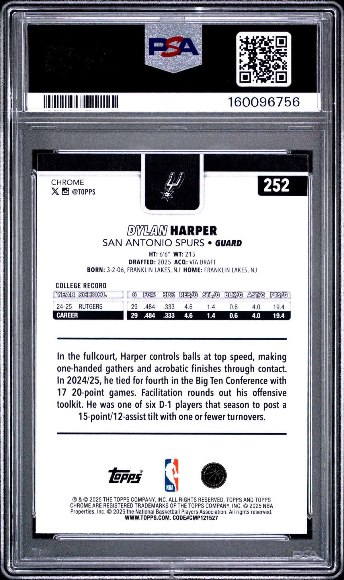 2025 Topps Chrome Dylan Harper Refractor PSA 10