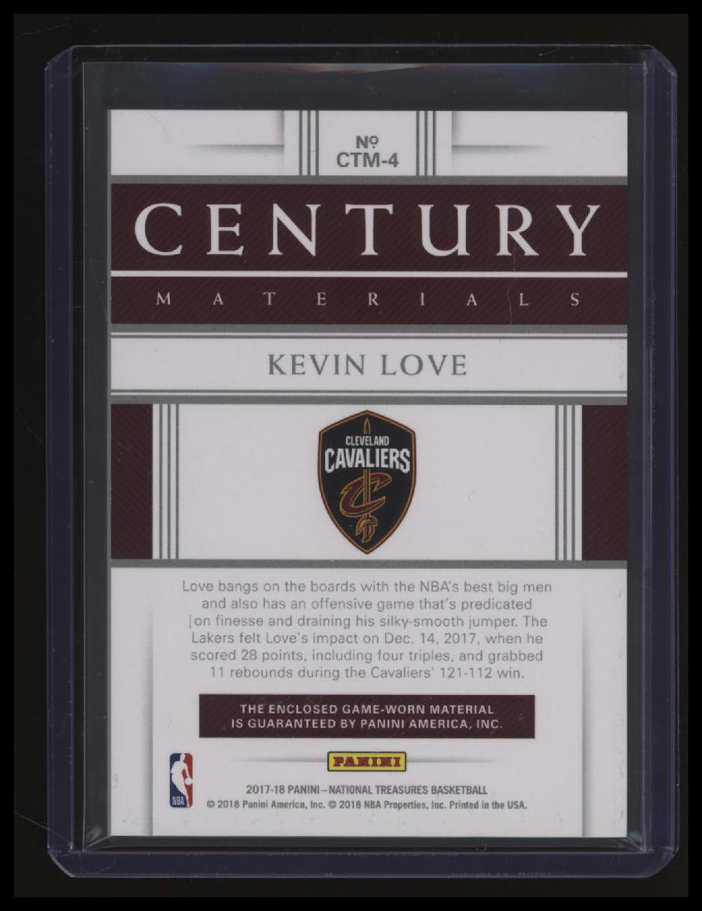 2017-18 Panini National Treasures Kevin Love Century Materials #/49