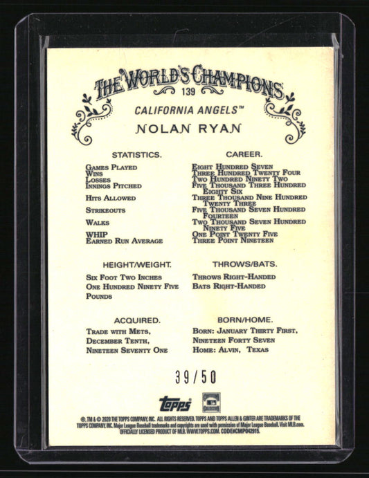 2020 Topps Allen & Ginter Chrome Nolan Ryan Gold #/50
