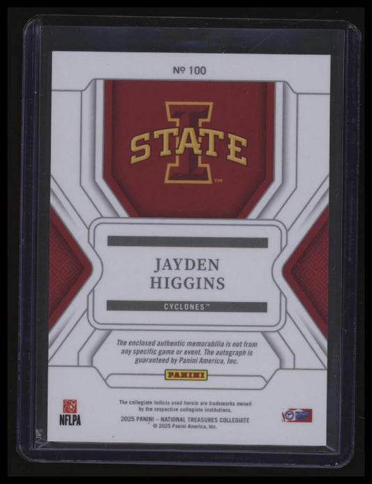 2025 Panini National Treasures Collegiate Jayden Higgins Signatures Silver #/39