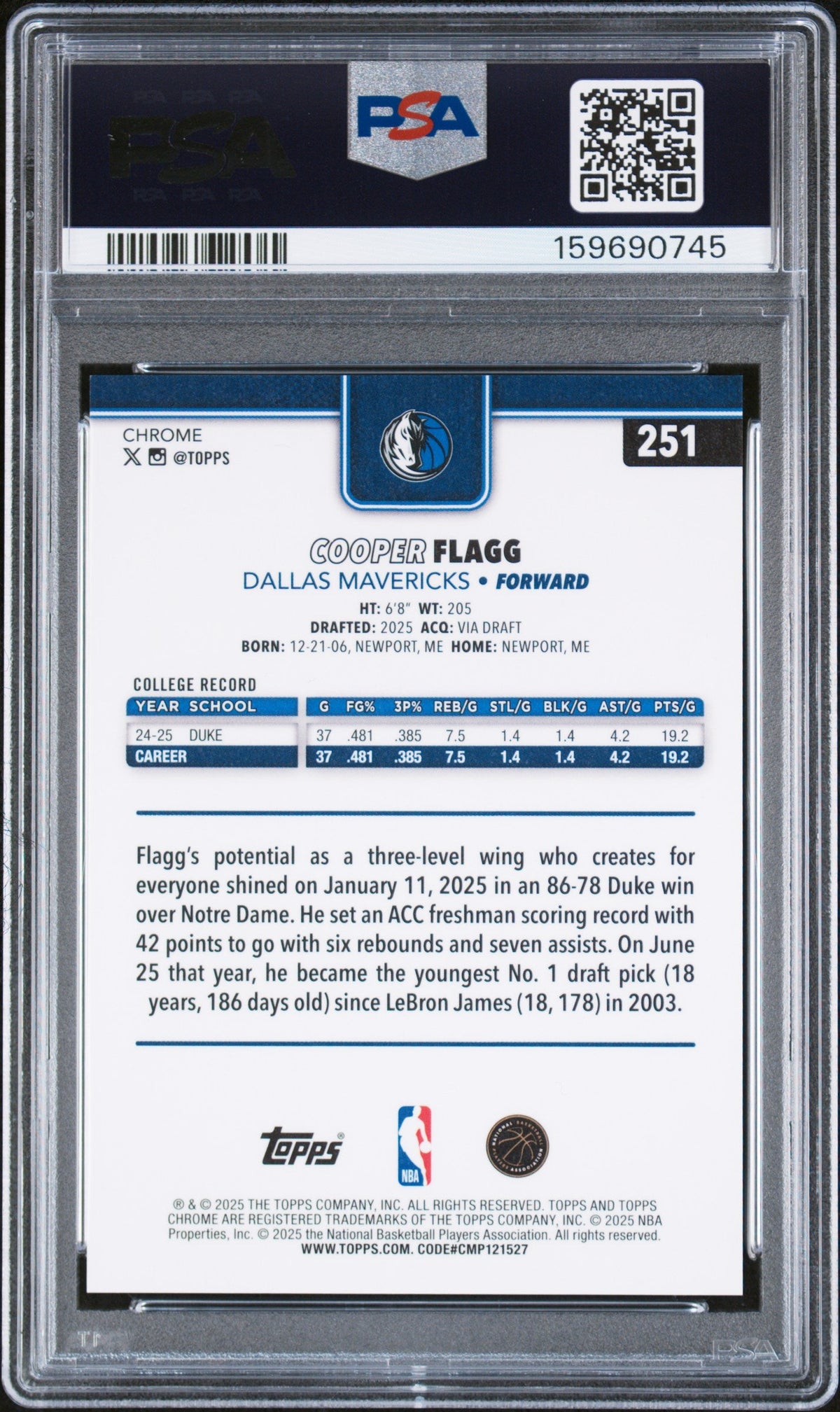 2025 Topps Chrome Cooper Flagg Blue X-Fractor PSA 10