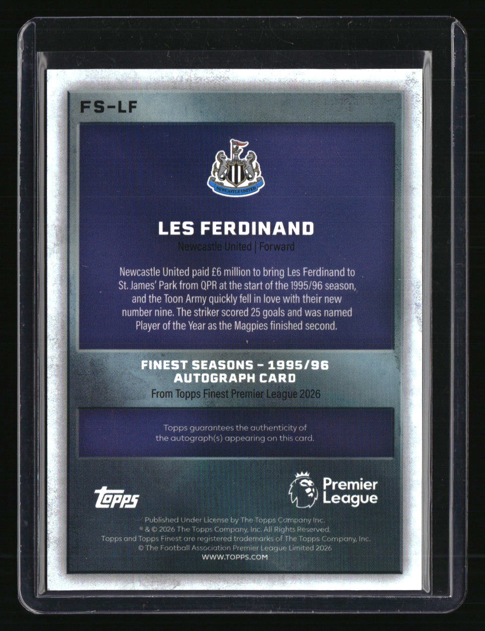 2025-26 Finest Premier League Les Ferdinand Seasons 1995-96 Auto Gold #/50