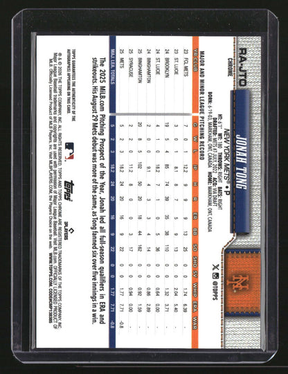2026 Topps Chrome Jonah Tong Rookie Autographs