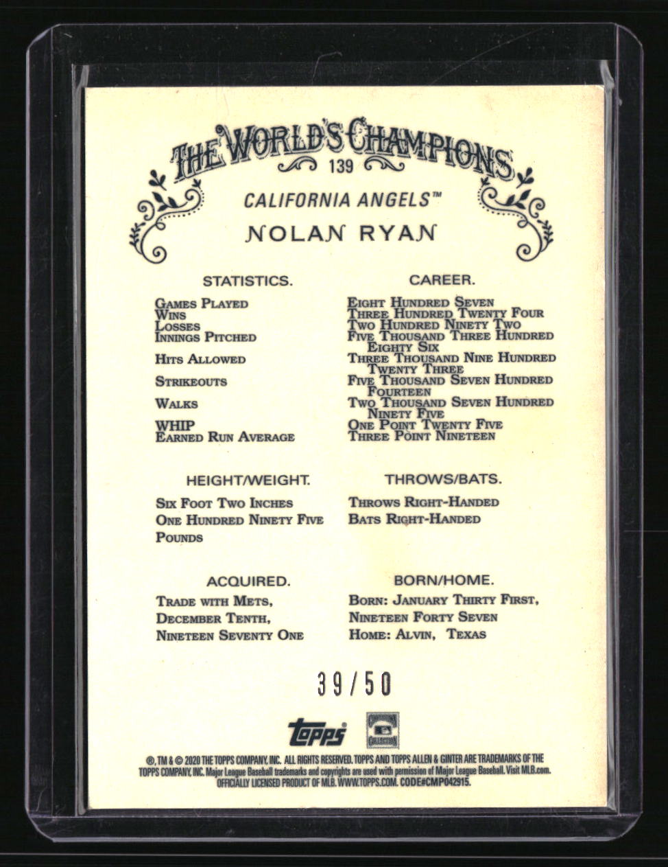 2020 Topps Allen & Ginter Chrome Nolan Ryan Gold #/50