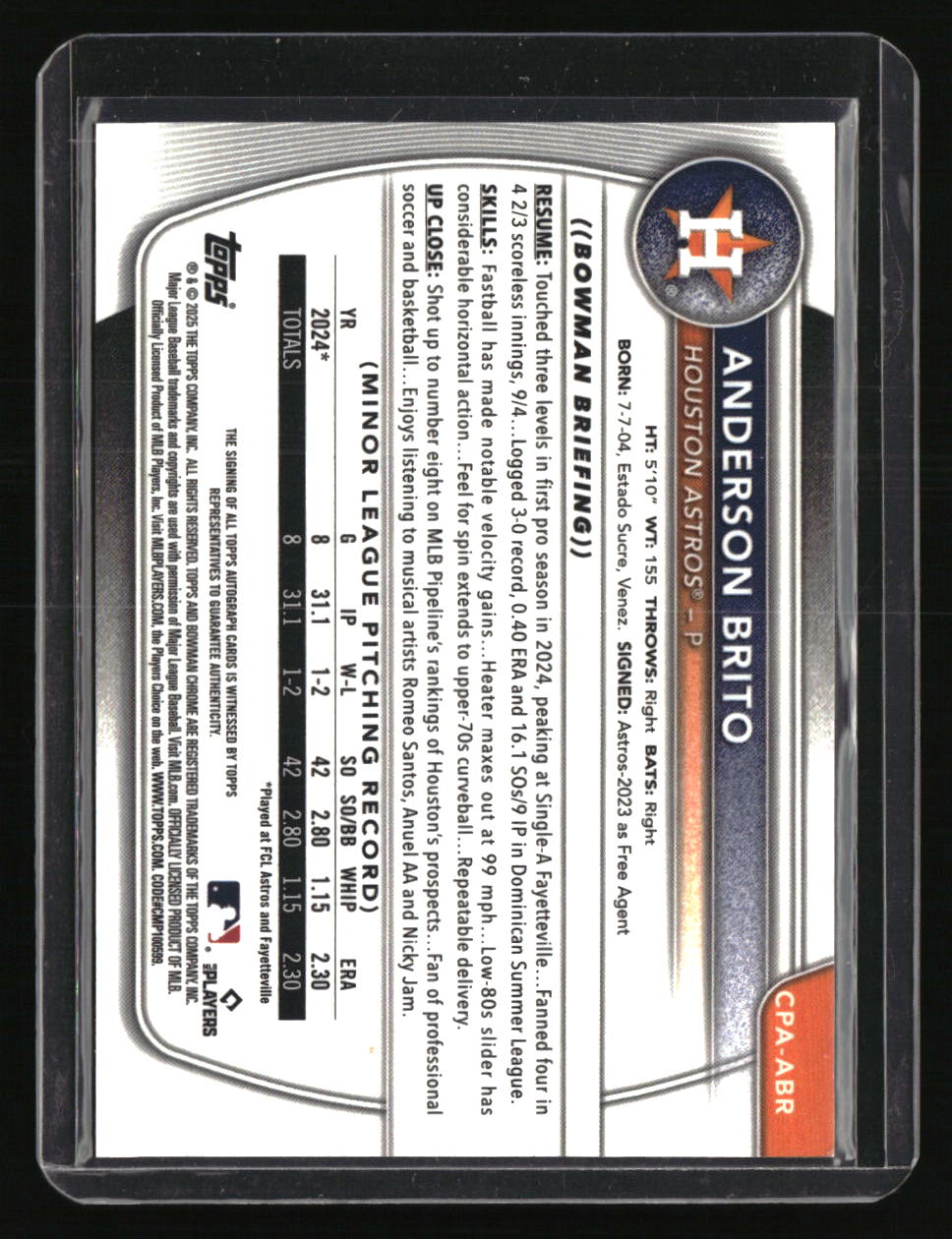 2025 Bowman Chrome Anderson Brito Prospect Autographs Speckle #/299