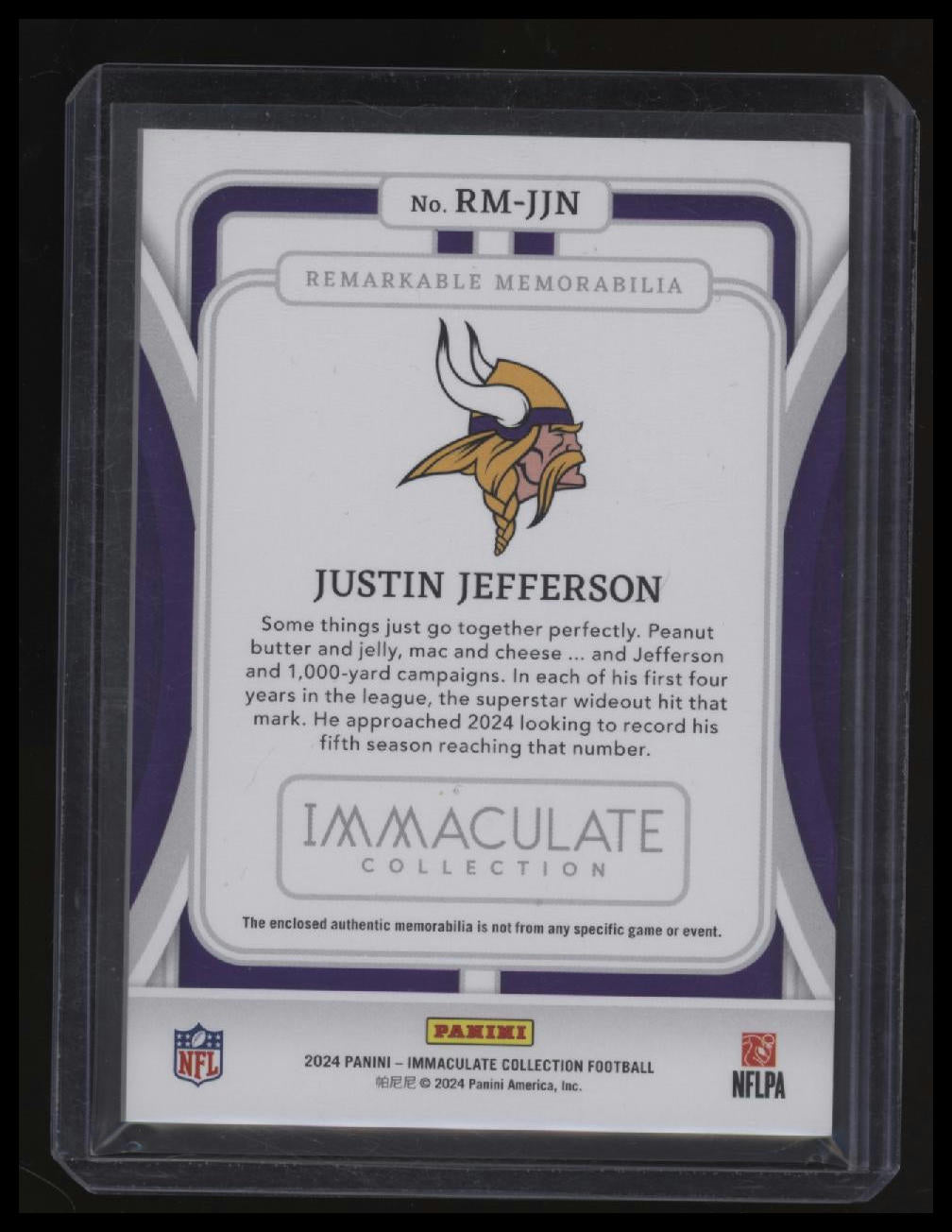 2024 Panini Immaculate Collection Justin Jefferson Remarkable Memorabilia #/49