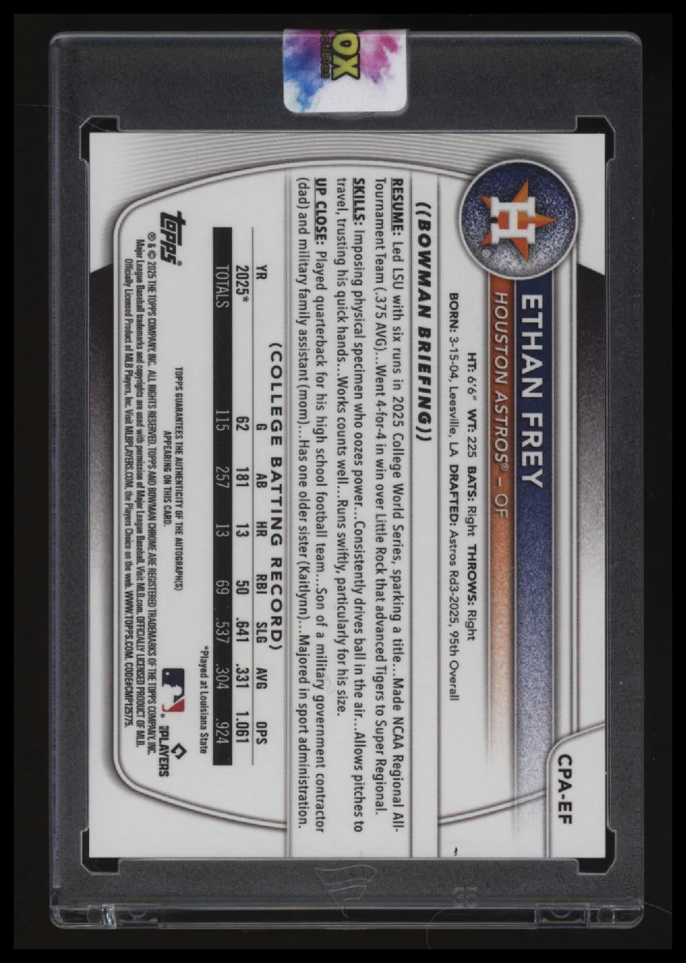 2025 Bowman Draft Ethan Frey Chrome Prospect Auto Sunflower Seeds Refractor #/5
