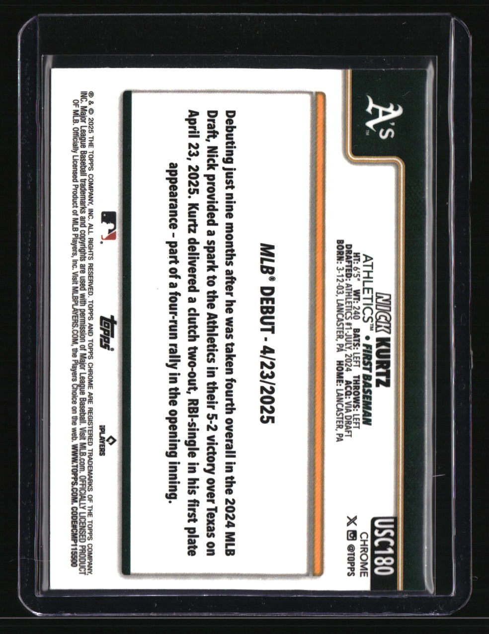 2025 Topps Chrome Update Nick Kurtz Purple Refractors #/250