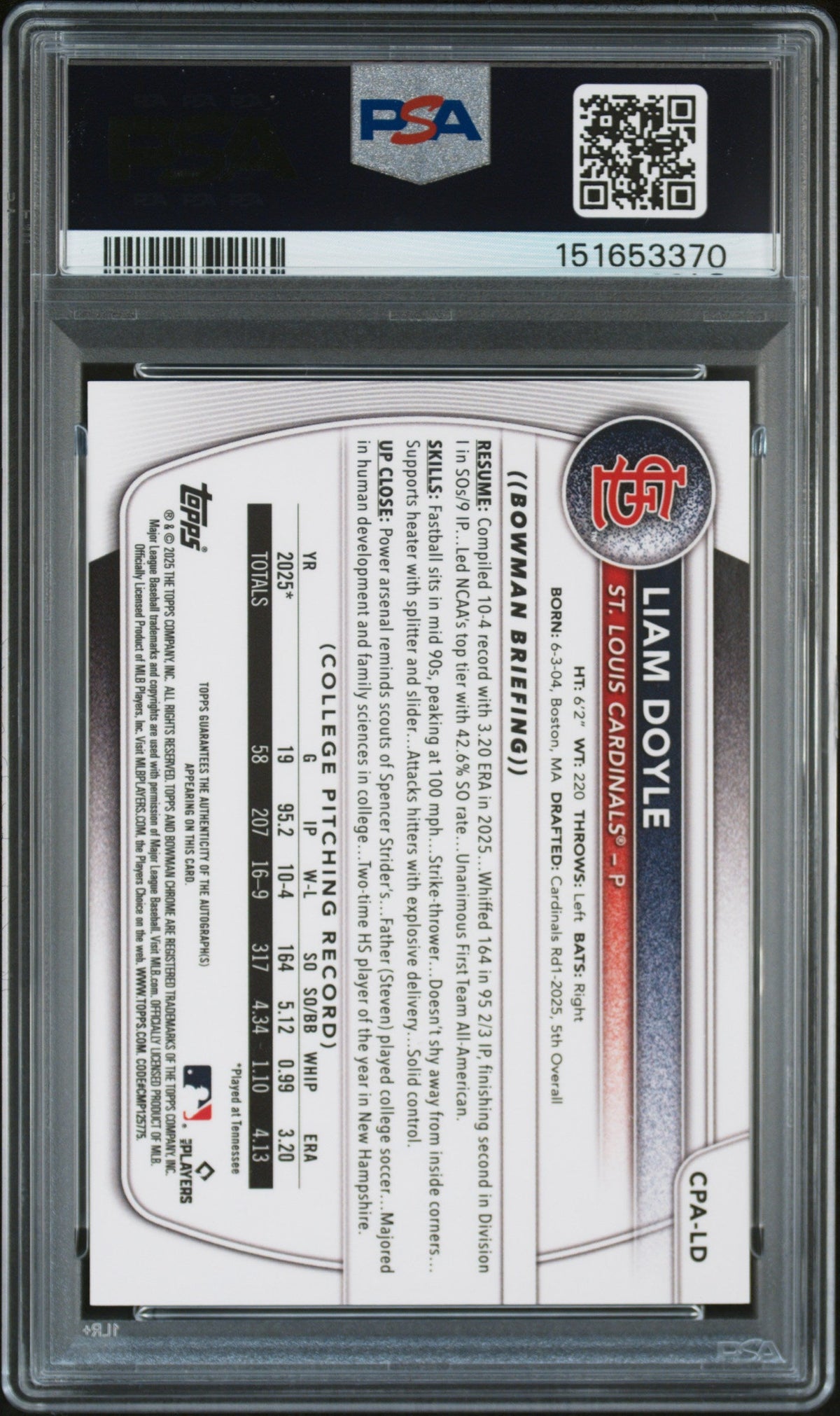 2025 Bowman Draft Sapphire Chrome Prospect Auto Liam Doyle Orange PSA 10
