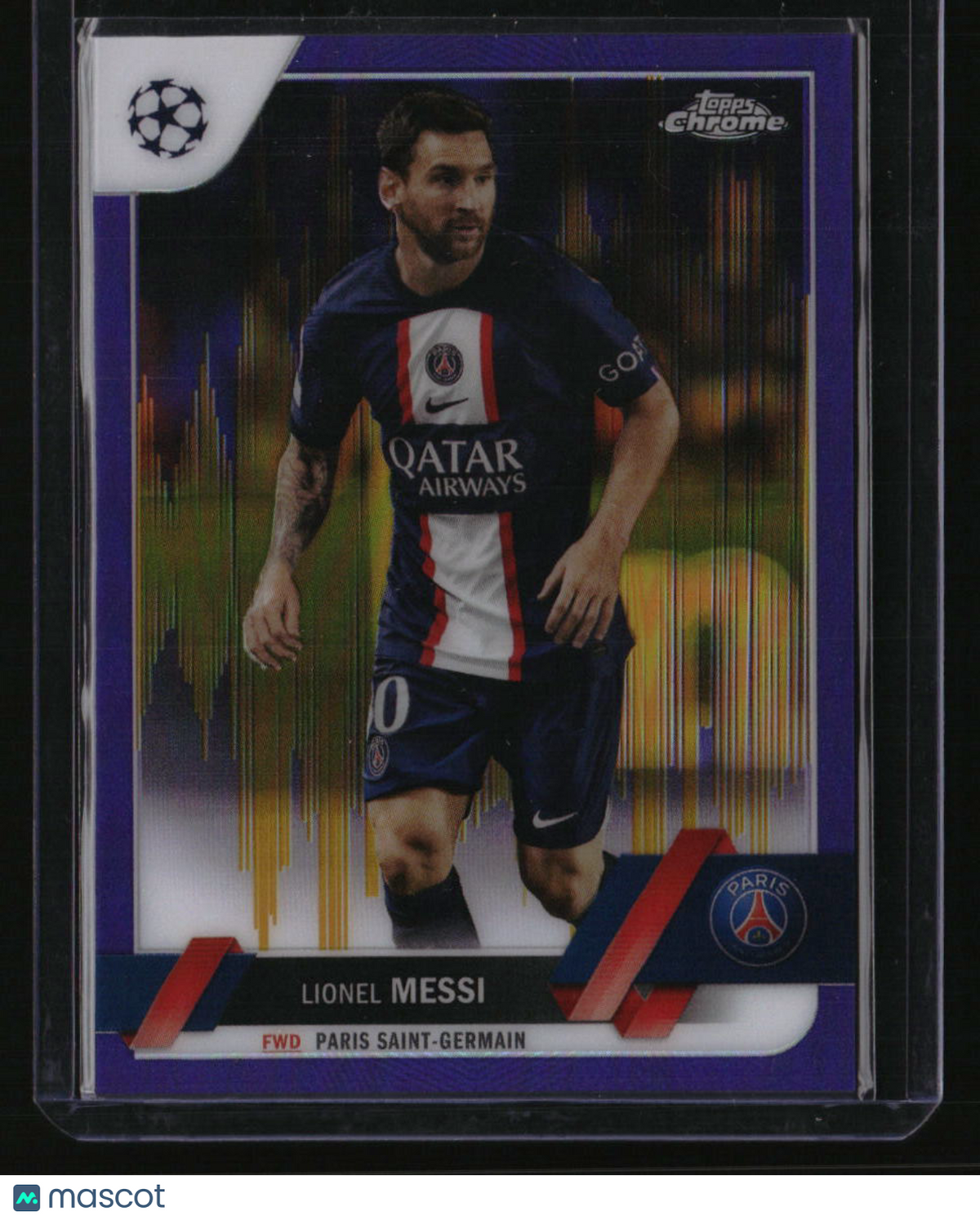 2022-23 Topps Chrome UEFA CC Lionel Messi Purple & Gold Seismic